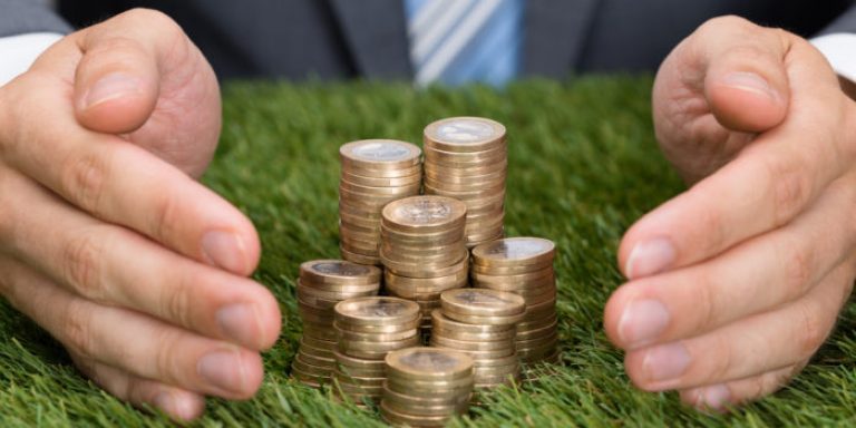 Businessman Protecting Stacked Coins On Grass
