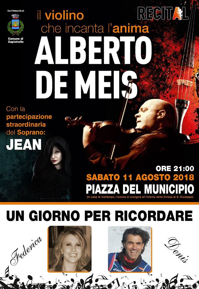 "Un giorno per ricordare" Federica e Denis, il violinista Alberto De Meis in concerto a Capistrello