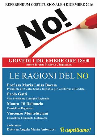 Fronte del NO mobilitato a Tagliacozzo, giovedì convegno trasversale con Montelisciani