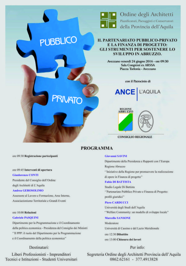 "Il Partenariato Pubblico Privato e la Finanza di Progetto": convegno ad Avezzano