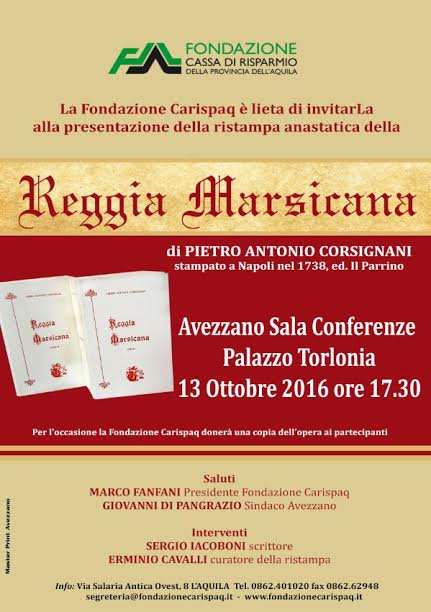 La Fondazione Carispaq presenta la “Reggia Marsicana” di Pietro Antonio Corsignani
