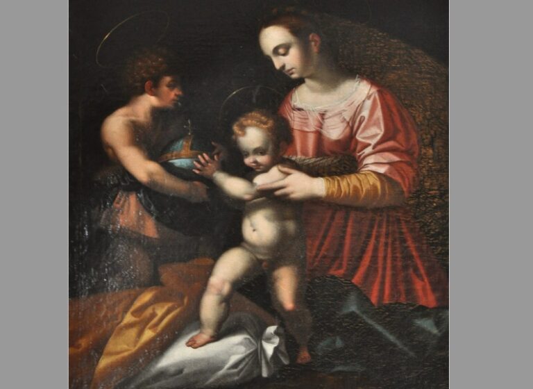 Nella foto: Bottega caravaggesca XVII sec Madonna con Gesù Bambino e San Giovannino 