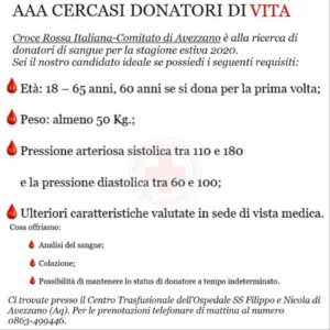 “AAA cercasi donatori di vita”, l’appello della Croce Rossa Italiana – Comitato di Avezzano