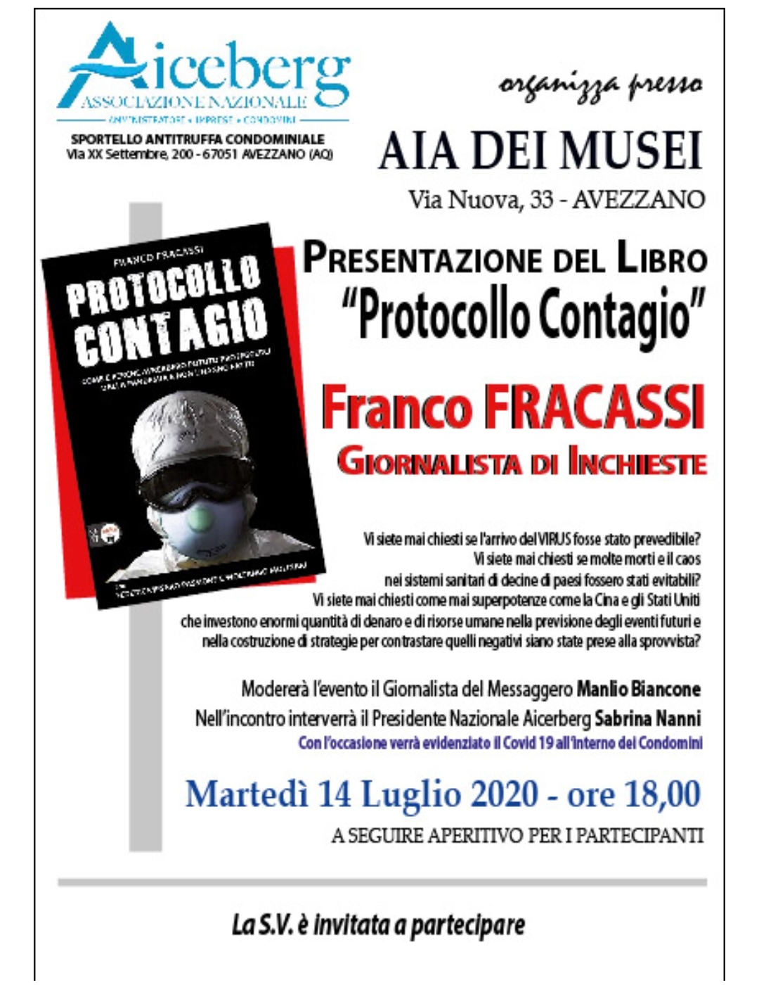 Franco Fracassi presenta il suo libro "protocollo contagio" all'aia dei musei di Avezzano il 14 luglio alle 18