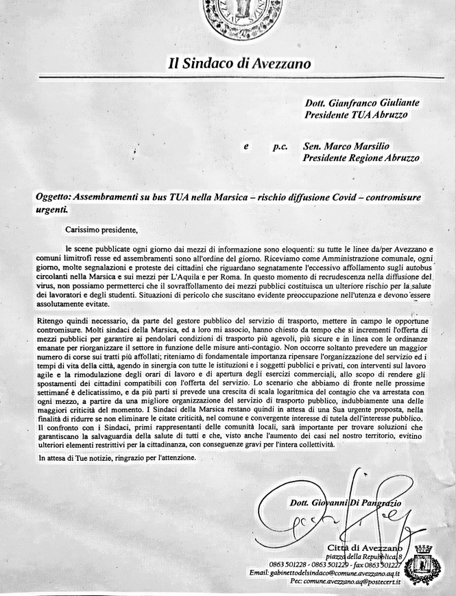 Il Sindaco Giovanni Di Pangrazio scrive alla TUA per contromisure urgenti anti Covid-19