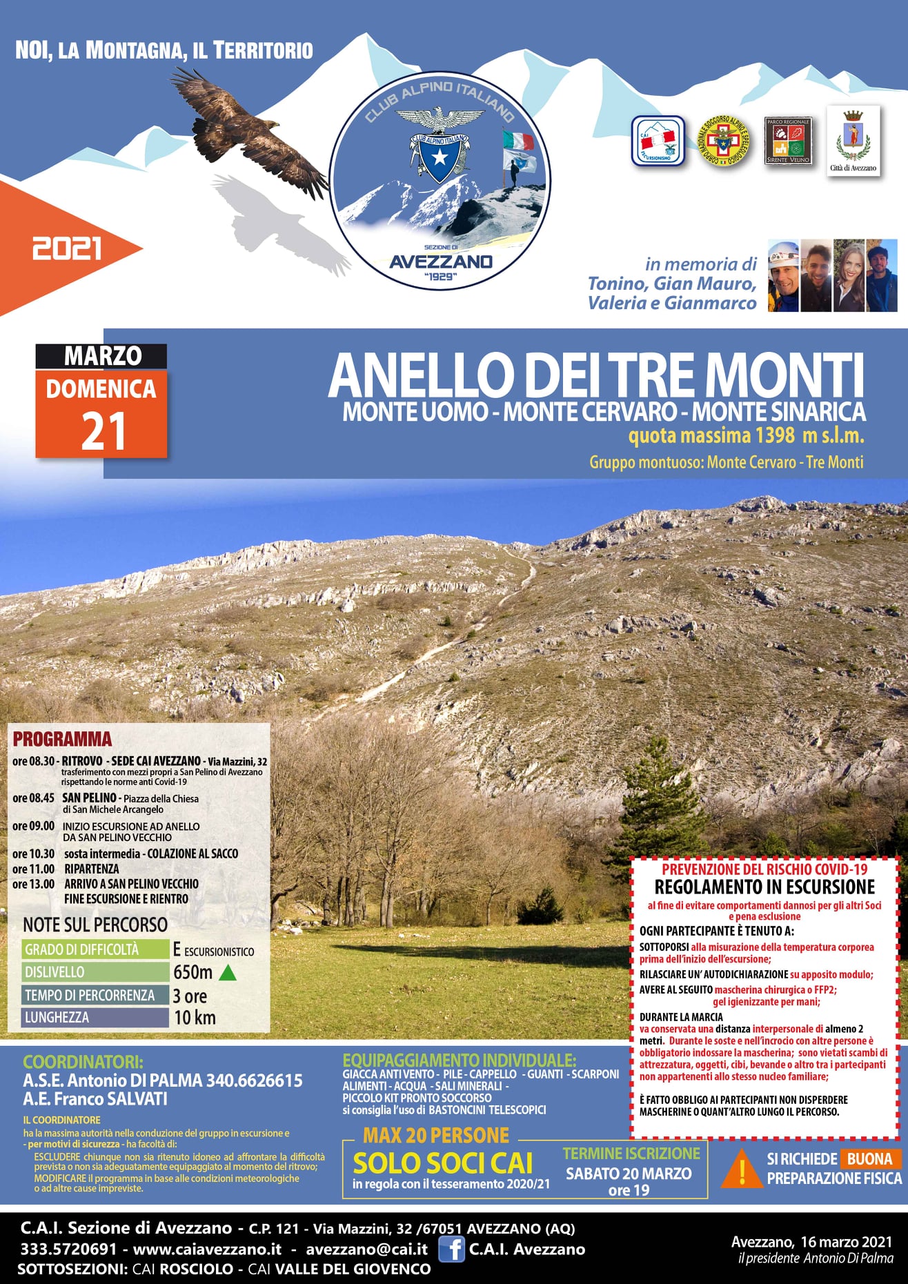 C.A.I. di Avezzano: annullata l’escursione “Monte Marine-Pizzoli”, al suo posto l'escursione “Anello dei tre monti”
