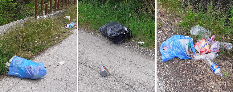 Sacchi di rifiuti abbandonati lungo la strada tra Cappelle e Antrosano