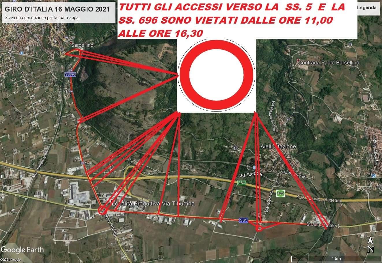 Giro d'Italia, chiusura al traffico della S.S. 5 “Tiburtina Valeria”, chiuso in uscita il casello autostradale A25 di Aielli-Celano e di Cocullo