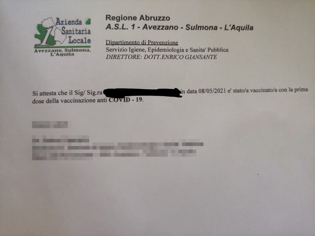 Caos vaccini ad Avezzano: riceve attestato di vaccinazione senza aver fatto nemmeno la prima dose