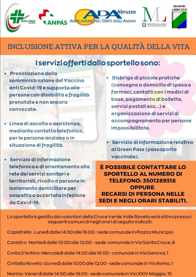 Croce Verde Valle Roveto apre lo sportello di inclusione attiva a Canistro, Capistrello, Civita d'Antino, Civitella Roveto e Morino