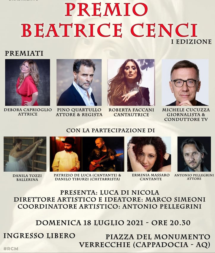 Al via il premio Beatrice Cenci a Cappadocia, attori, cantanti e personaggi presentati da Luca Di Nicola