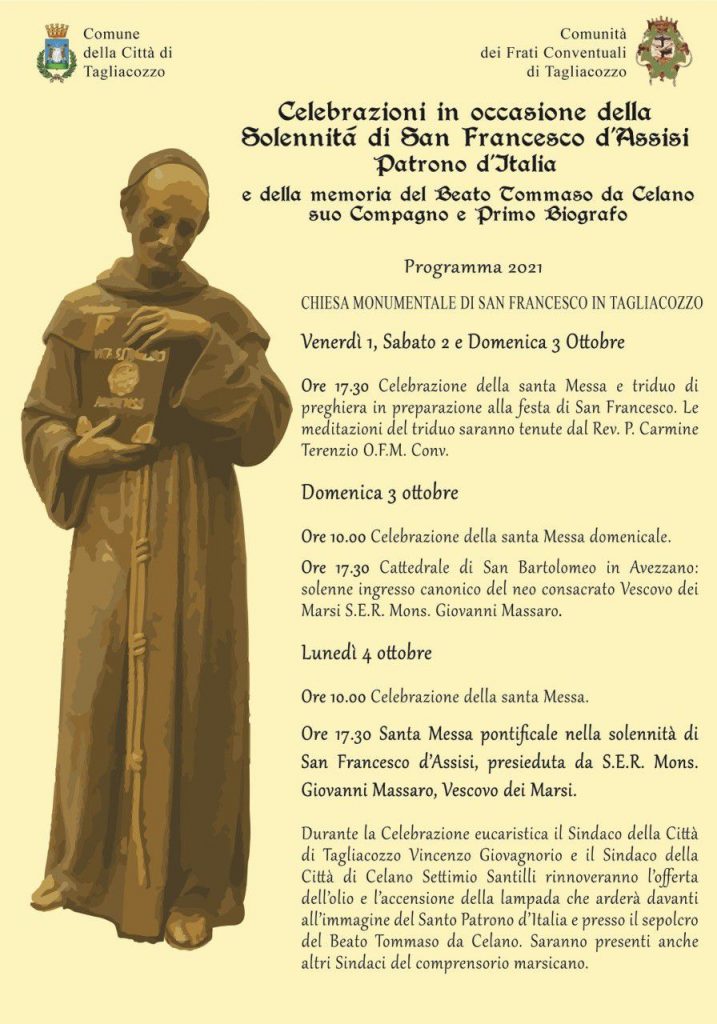Celebrazioni per San Francesco D'Assisi, il Vescovo dei Marsi a Tagliacozzo per l'incontro solenne