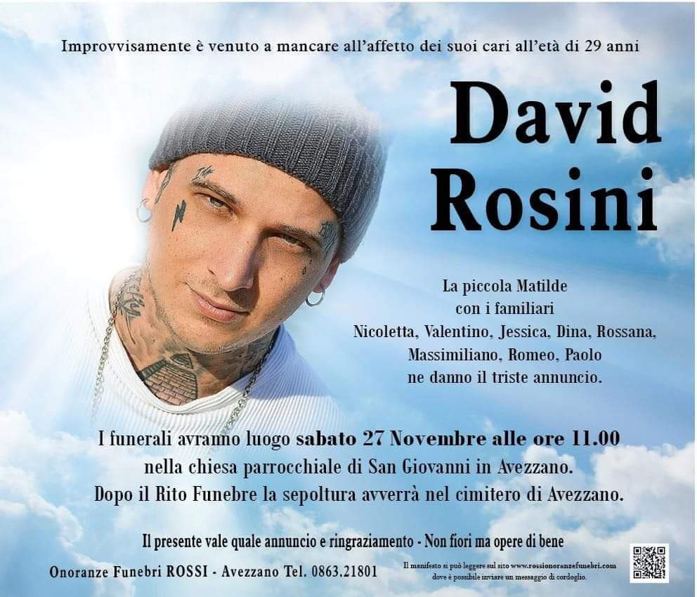 Domani l'ultimo saluto a David Rosini, trovato senza vita a soli 29 anni