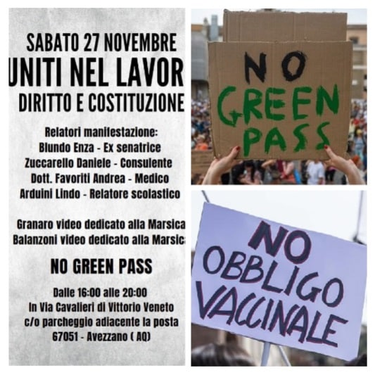 Sabato manifestazione No Vax e No Green Pass ad Avezzano