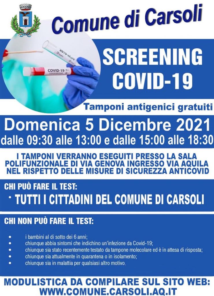 Tamponi antigenici gratuiti per i cittadini di Carsoli domenica 5 dicembre