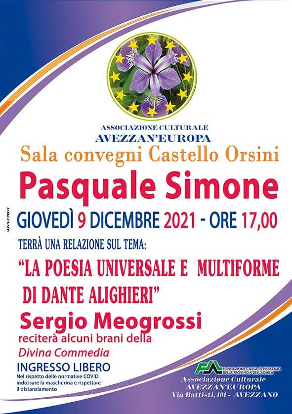 La poesia universale e multiforme di Dante Alighieri, conferenza di Avezzan'Europa al Castello Orsini il 9 dicembre