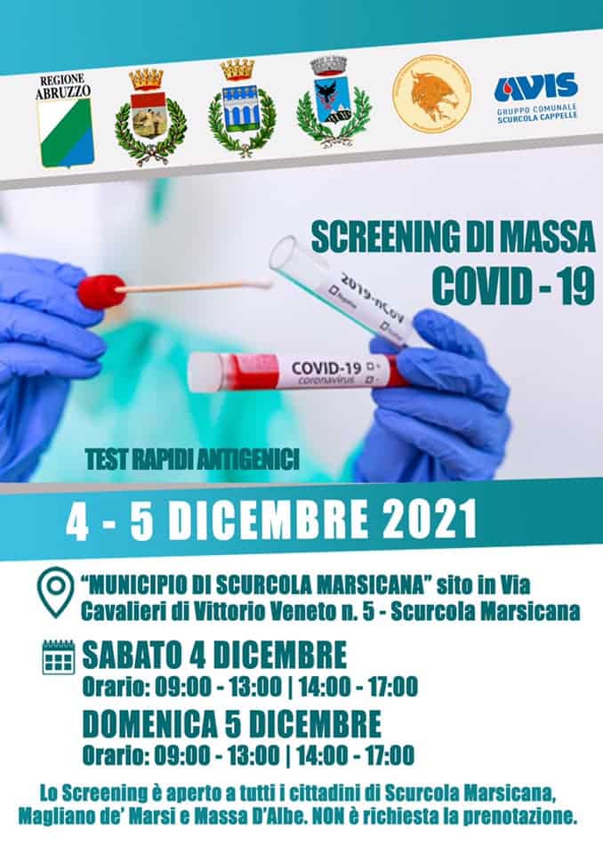 Screening anti Covid per i cittadini di Scurcola, Magliano e Massa d'Albe nei giorni 4 e 5 dicembre