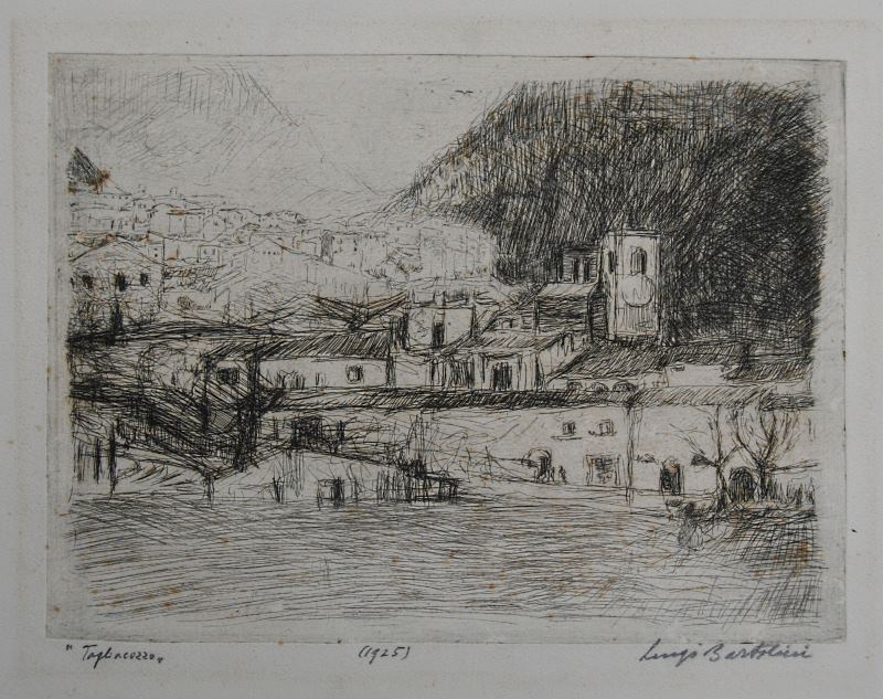 Panorama di Tagliacozzo in un'acquaforte del 1925 dell'artista Luigi Bartolini