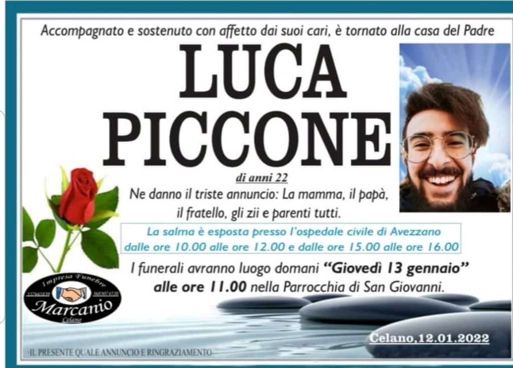 Domani i funerali del 22enne Luca Piccone