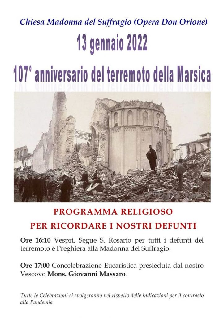 107° anniversario del terremoto della Marsica, celebrazioni presso il Santuario della Madonna del Suffragio Don Orione di Avezzano