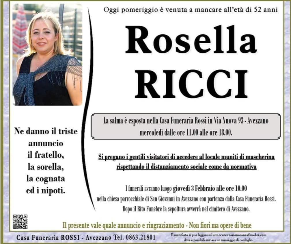 Domani l'ultimo saluto a Rosella Ricci. Aveva 52 anni
