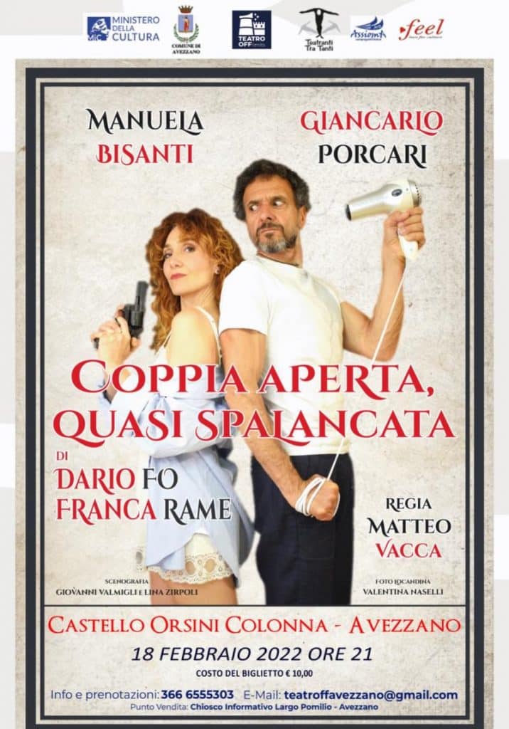"Coppia aperta, quasi spalancata", la frizzante commedia Fo-Rame in scena il 18 febbraio al Castello Orsini di Avezzano