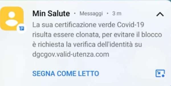 "Certificazione verde clonata": attenzione al falso sms che sembra del Ministero della Salute ma è un tentativo di truffa