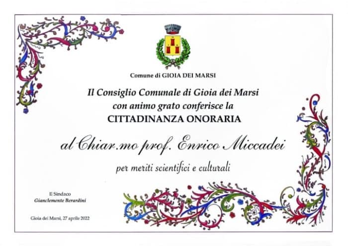 Il Comune di Gioia dei Marsi ha conferito la cittadinanza onoraria al prof. Enrico Miccadei