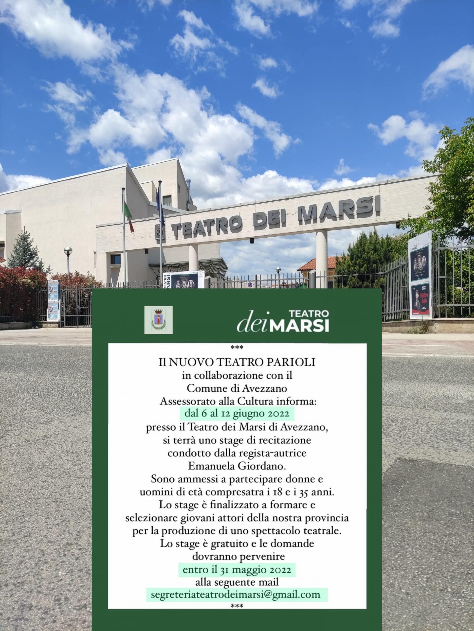 Stage di recitazione gratuito al Teatro dei Marsi, iscrizioni aperte fino al 31 maggio