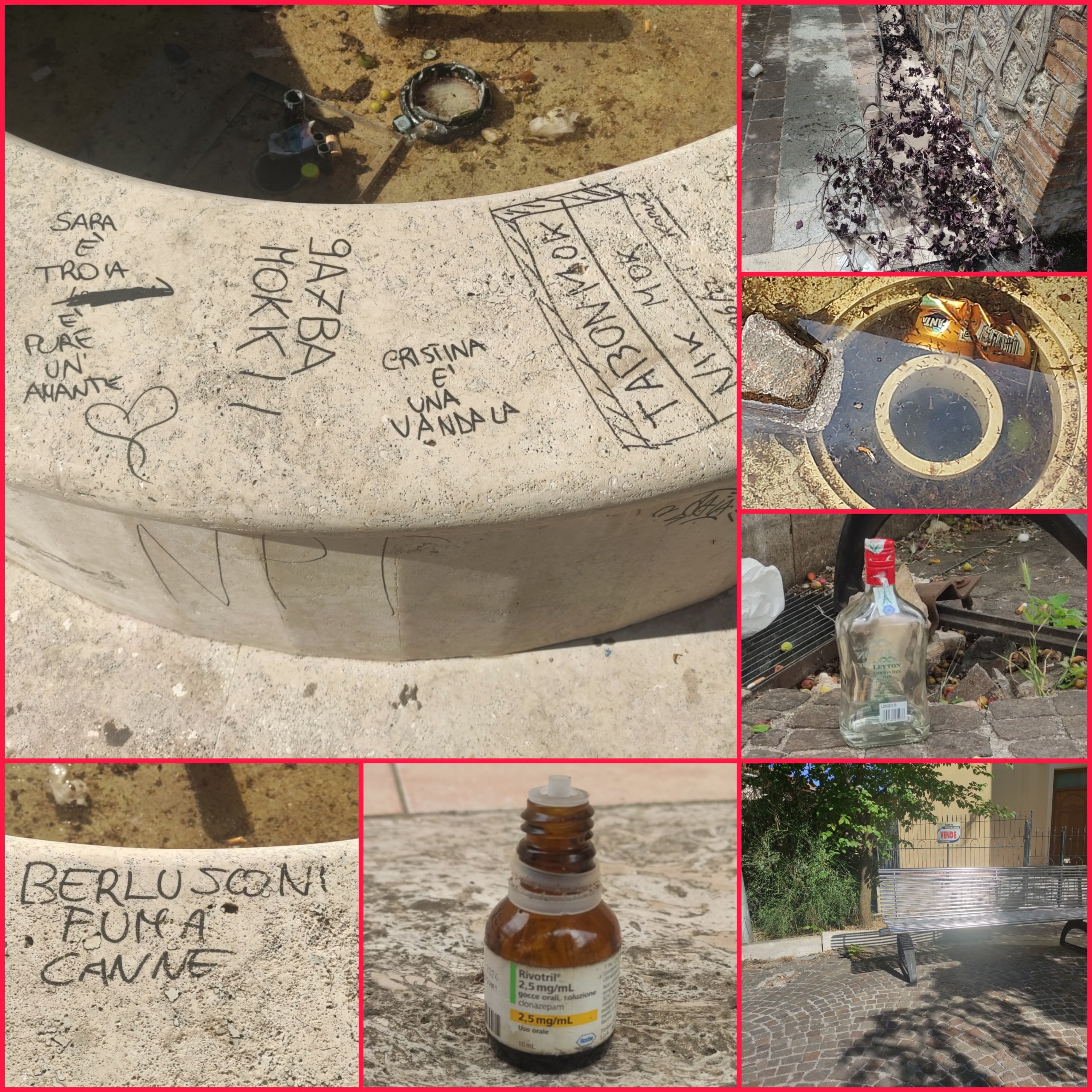 Largo Enea Merolli in preda a vandalismo: panchine rotte, fontane imbrattate, alcol, droghe pesanti da strada