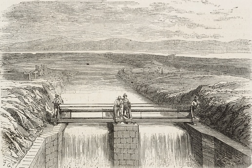 Prosciugamento del lago Fucino, disegno del canale di scolo provvisorio pubblicato in Francia nel 1863