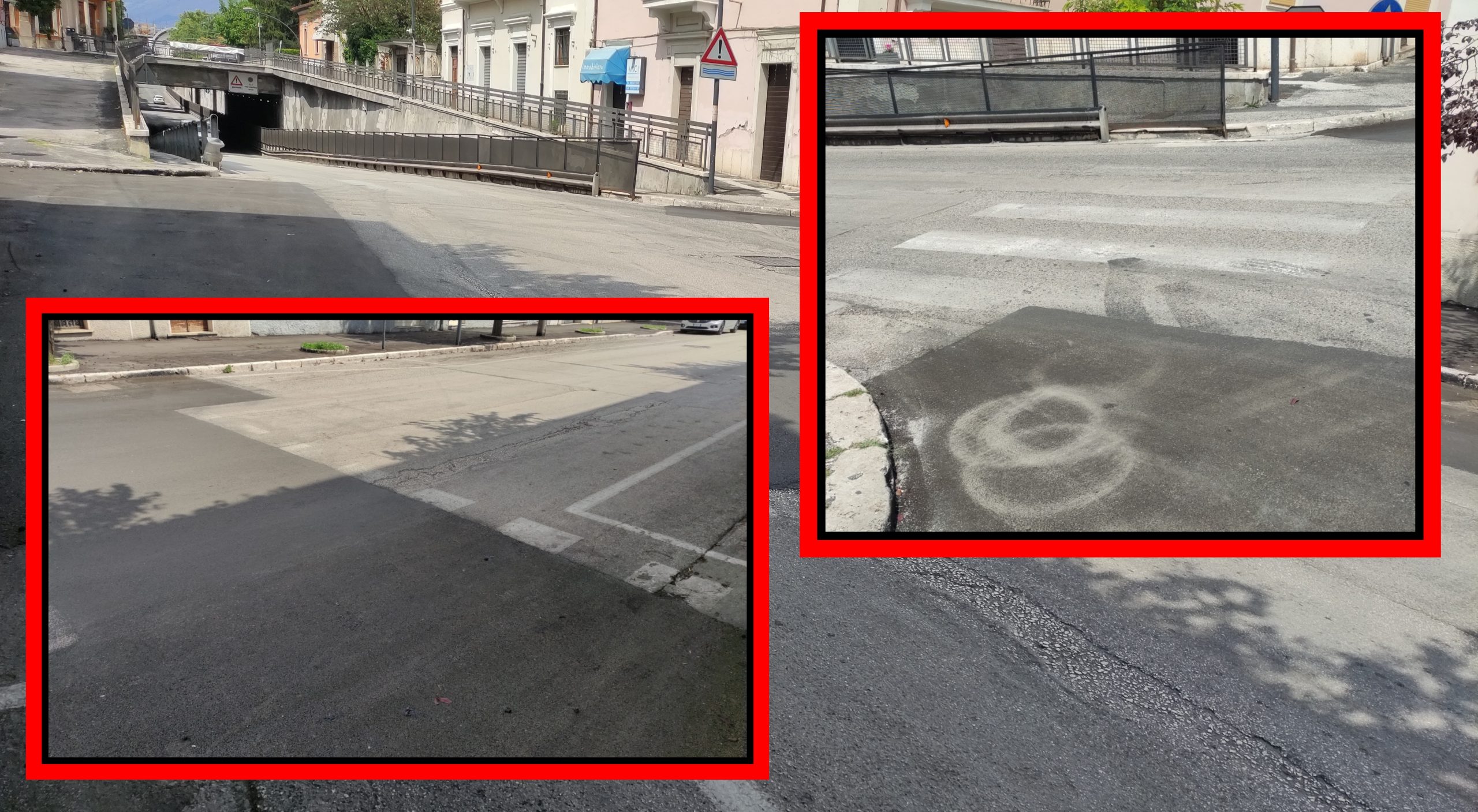 Strisce pedonali sbiadite e coperte dall'asfalto e veicoli veloci in via Pagani ad Avezzano