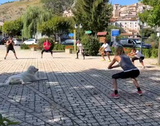 Il cane da pastore abruzzese sorveglia gli allenamenti in piazza