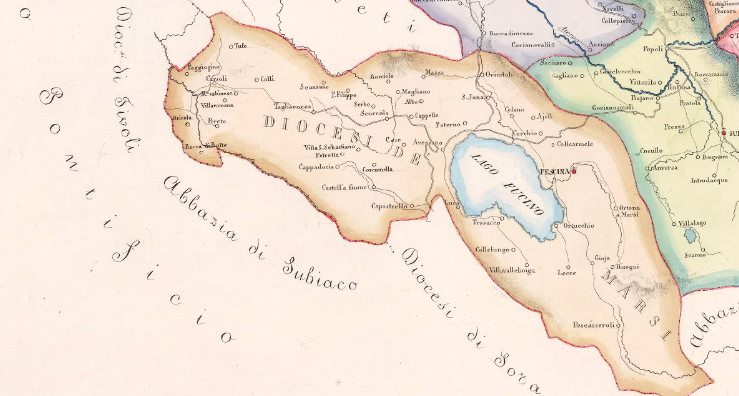 Il Lago Fucino in una vecchia mappa del 1858 che traccia i confini del territorio della Diocesi dei Marsi