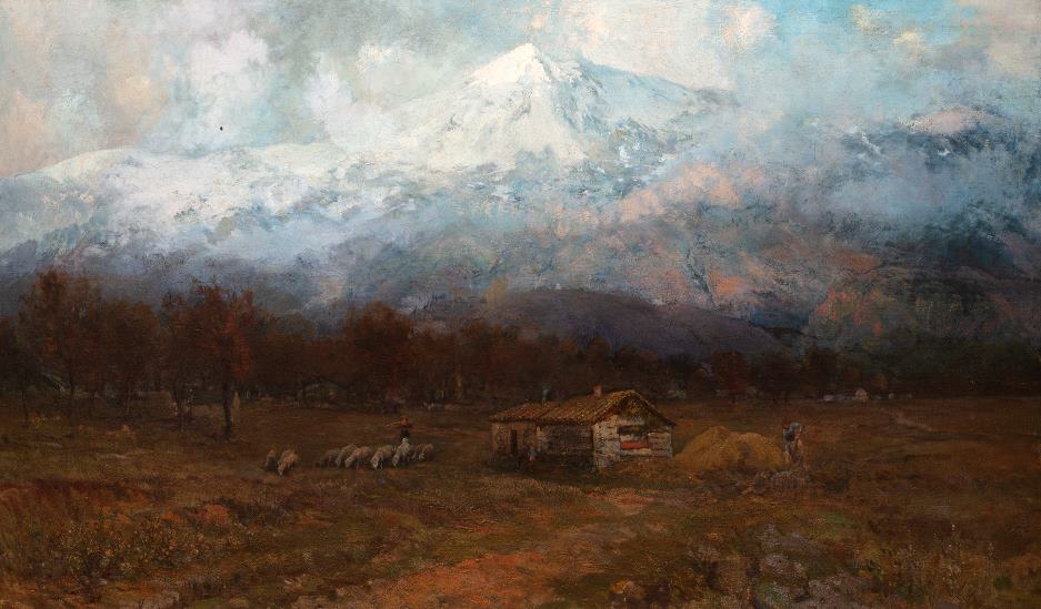 Paesaggio con il Monte Velino in un bel dipinto dei primi del Novecento di Attilio Stefanori