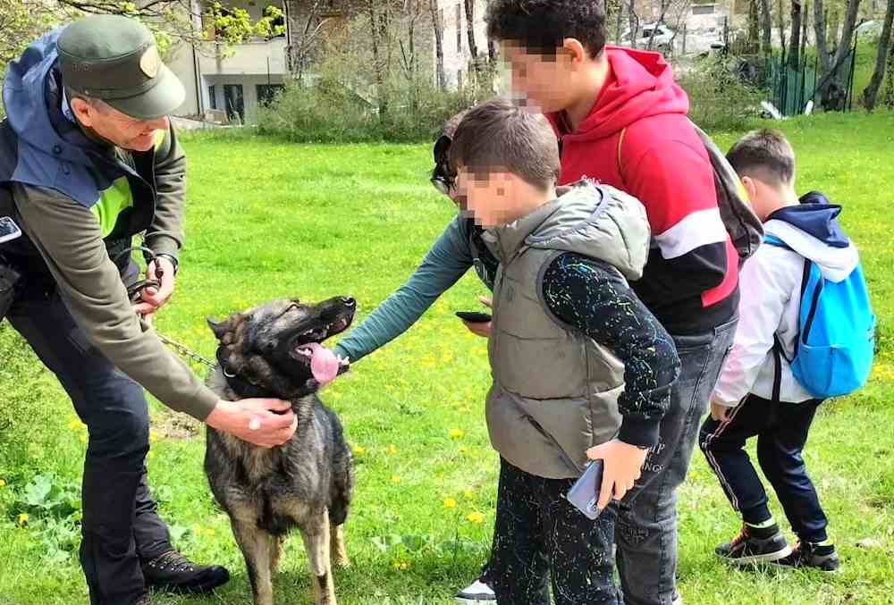I cani antiveleno Visir e Viking del Nucleo Cinofilo Antiveleno del Parco Nazionale incontrano i bambini di Villavallelonga