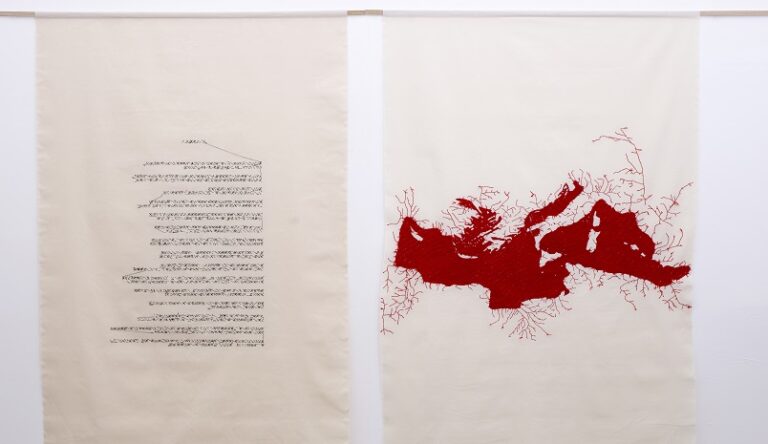 Daniela d’Arielli, Legittimare, 2022, tela, fili rossi e neri / canvas, red and black threads, 122 x 192 cm ognuno / each