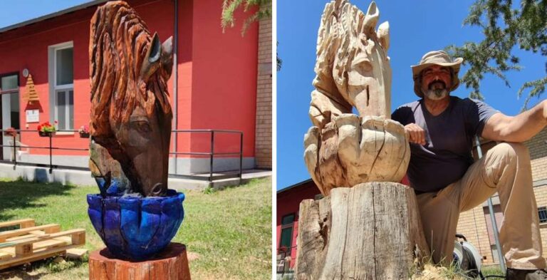 Un cavallo e una rosa blu: completata la scultura in legno di Giancarlo Sociali per i ragazzi dell'Anffas di Aielli