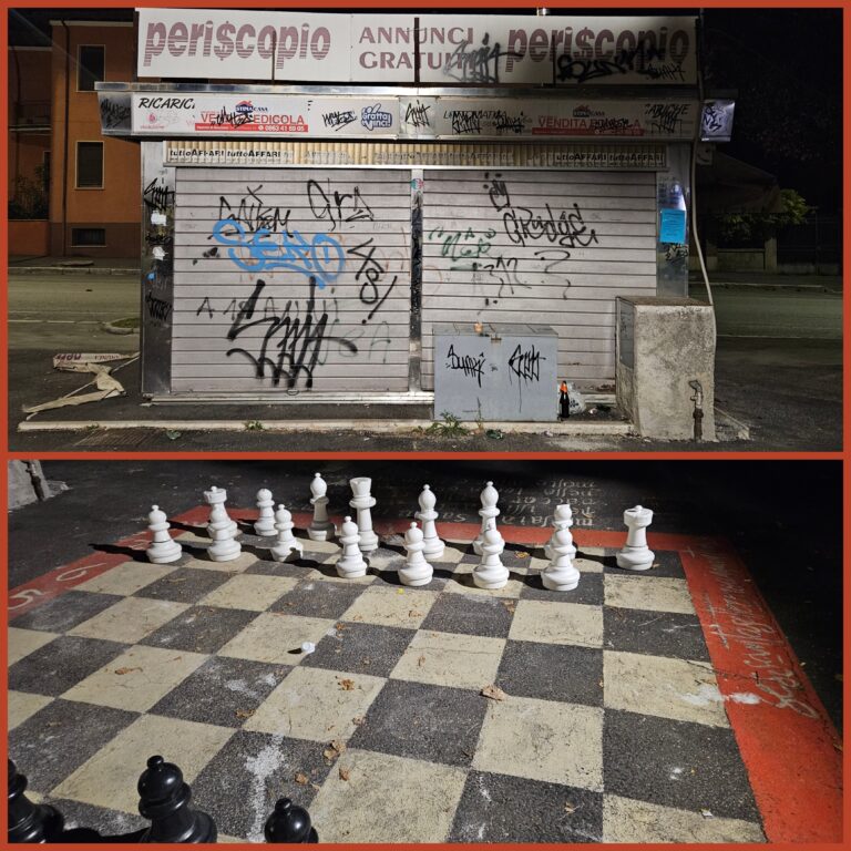 Avezzano, via Mazzini senza pace: rubati di nuovo i pezzi alla scacchiera gigante e vandalizzata l'edicola