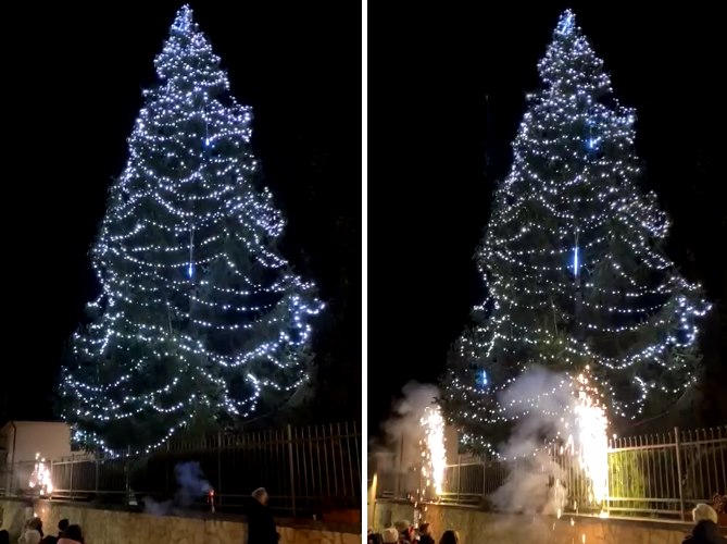 Bambini in festa a Villa San Sebastiano per l'accensione del grande albero di Natale (video)