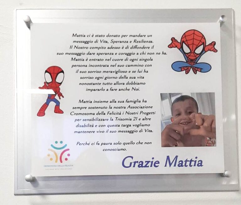 Una targa in ricordo del piccolo Mattia, scomparso a soli 4 anni a causa di una grave cardiopatia