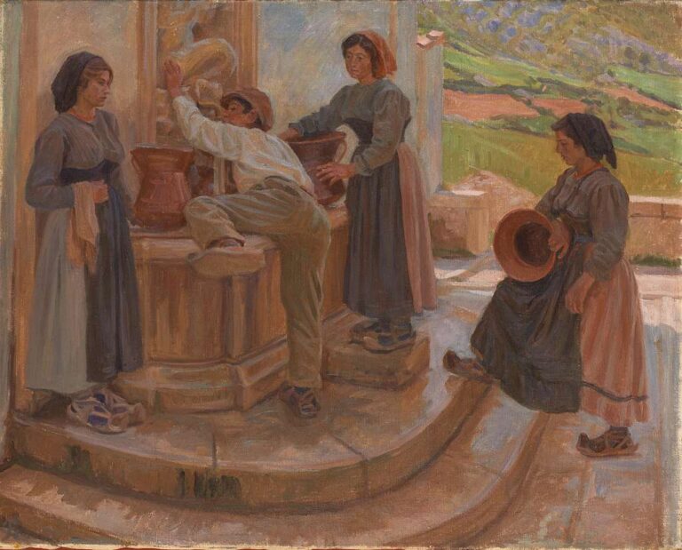 Presso la fontana di Civita d'Antino, tre donne con la conca nel bel dipinto di Peter Hansen del 1920