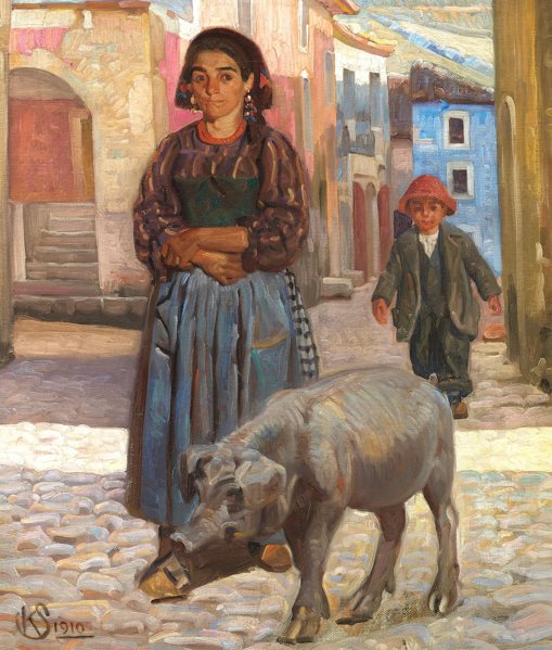Scena di vita di una volta a Civita d'Antino in un dipinto di Knud Sinding del 1910