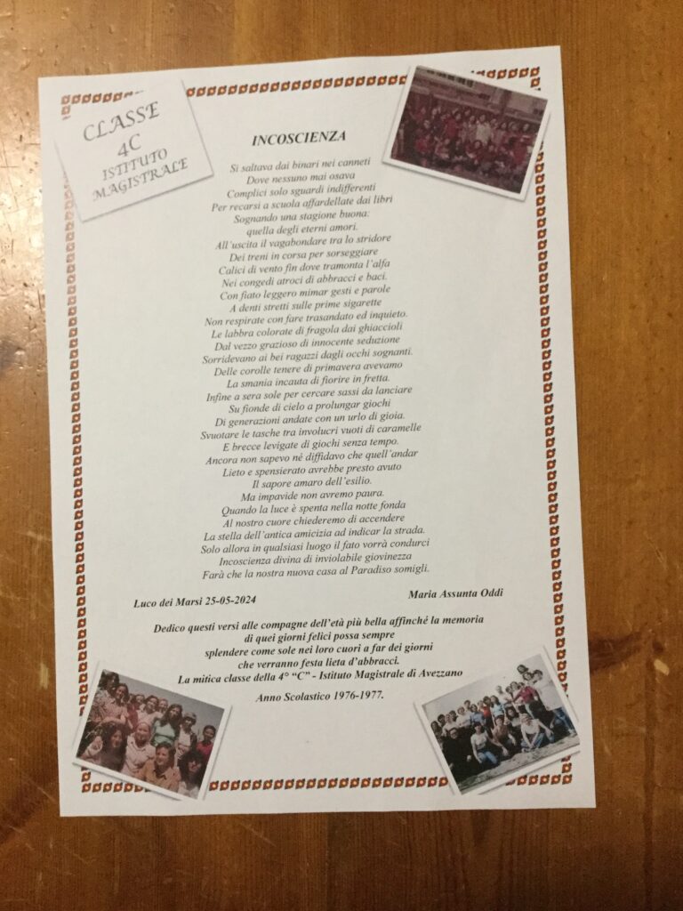 Poesia della scrittrice dei Marsi Maria Assunta Oddi dedicata alle compagne di classe dell’Istituto Magistrale di Avezzano