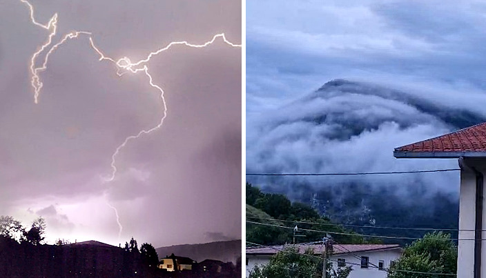 Suggestive immagini della caduta di fulmini su Capistrello e uno spettacolare video dell'effetto Stau su monte Arezzo||