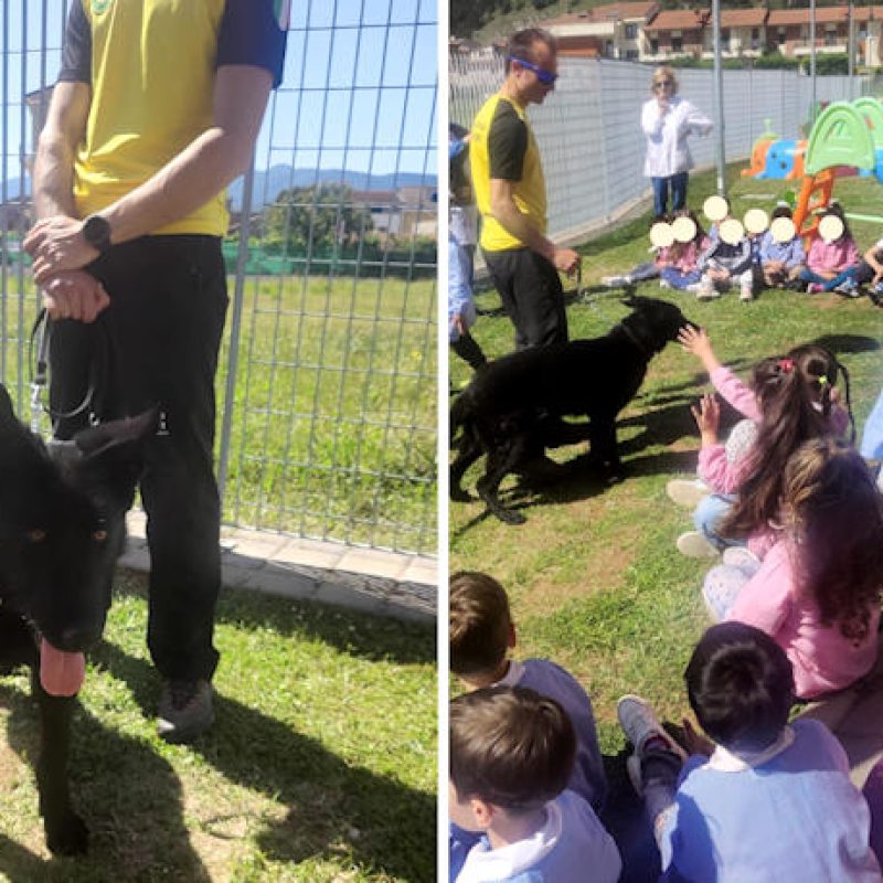 La cagnolina Kila, dell'Unità Cinofila del Soccorso Alpino della G.D.F., ha incontrato i bimbi della scuola dell'infanzia "Collodi" di Avezzano