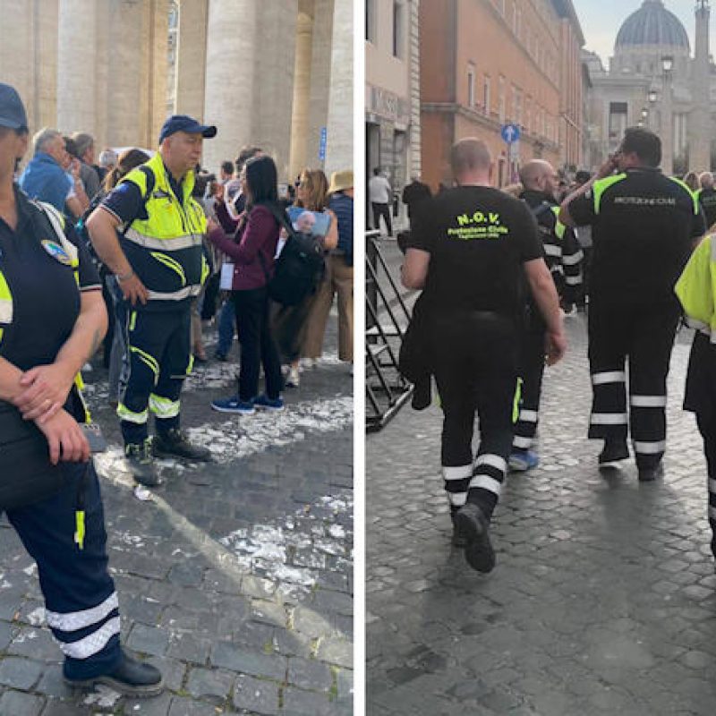 Operatori di protezione civile di Carsoli e Tagliacozzo impegnati nell'assistenza ai pellegrini per l'ultimo saluto a papa Francesco